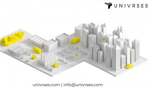 Illustration of city with Univrses logo
