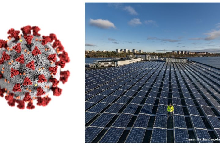 Montage of covid-19 enlarged and solar panel park