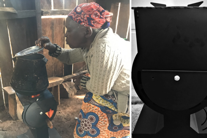 A woman cooking on the BioCooker and a close-up picture of the BioCooker