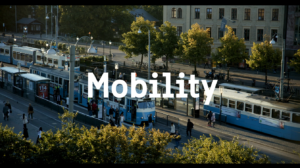 Trams in street in Gothenburg, text: mobility