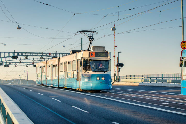 Tram on street in Gothenburg, Sweden