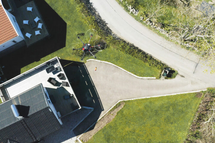 Drone flying over houses